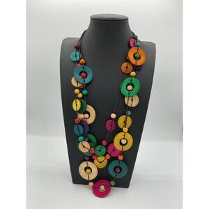 Multicolor Wooden Bead Necklace With Brown Cord & Loop Closure